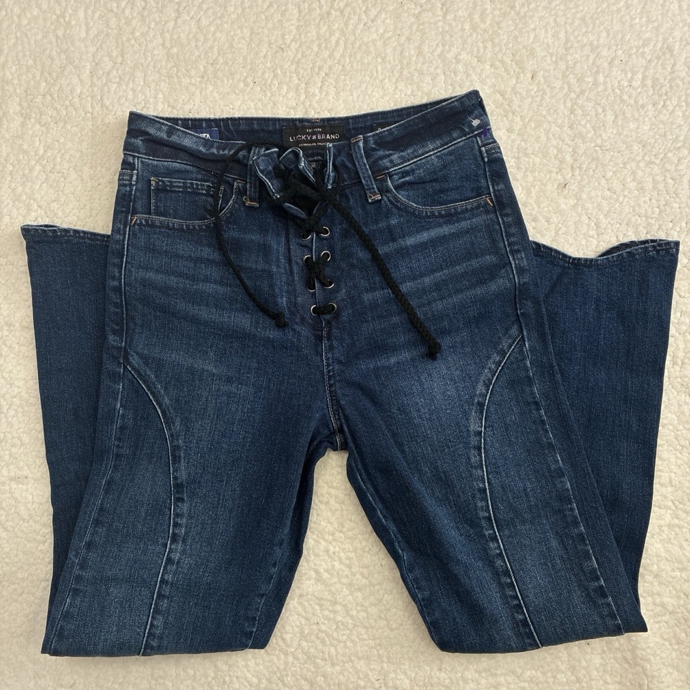 Lucky Brand Lace-Up Denim Jeans Dark Wash with Curved Seams & Flared Scallop Hem - Picture 2 of 7